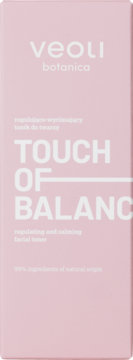 Różowy tonik Veoli Botanica Touch Of Balance. Z przodu białe napisy. Regulująco-wyciszający, 99% naturalnych składników.