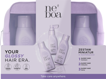 Zestaw miniatur Neboa Glossy Hair Era: szampon, odżywka i spray w fioletowej kosmetyczce. Widok z przodu.