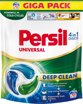 Persil Deep Clean 4in1 Discs Universal, 70 sztuk, zielono-białe opakowanie, widok z przodu, kolorowe kapsułki.