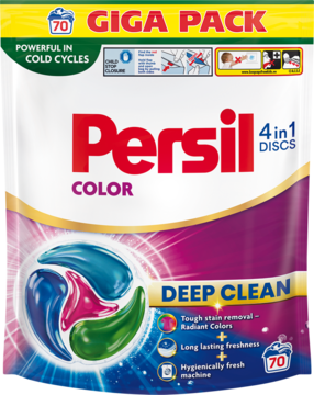 Persil Deep Clean 4in1 Discs Color detergent, biało-fioletowa torebka 70 prań, widok z przodu, kolorowe dyski.