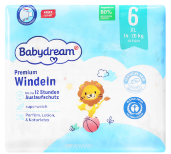 Opakowanie pieluch Babydream Premium, rozmiar 6 XL (14-20 kg), z lwem i chmurkami, widok z przodu, 32 sztuki.