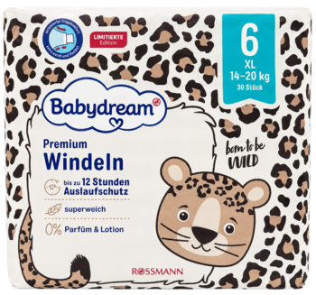 Opakowanie pieluszek Babydream Premium Windeln 6 XL (14-20kg) z motywem leoparda. 12h ochrony, 0% perfum.