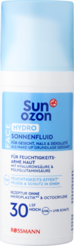 Sun Ozon Hydro Sonnenfluid SPF 30 dla suchej skóry z kwasem hialuronowym. Biała butelka, niebieska etykieta, widok z przodu.