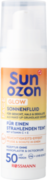 Sun Ozon Glow Sonnenfluid SPF 50 w białej butelce z pompką, widok z przodu. Do twarzy, daje promienny blask.