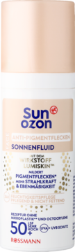 Sun Ozon Sonnenfluid SPF 50+ przeciw przebarwieniom, beżowa butelka z białym dołem, widok z przodu.