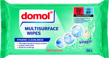 Zielona paczka domol Multisurface Wipes, ocet jabłkowy, z czerwonym logo i napisem "HYGIENIC CLEANLINESS", 50 sztuk.