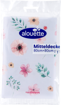Złożony obrus alouette w kwiatowy wzór z różowymi kwiatami i zielonymi liśćmi, w przezroczystej folii, 80x80cm.