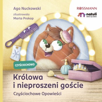 Okładka książki dla dzieci "Królowa i nieproszeni goście". Lis przed lustrem dba o higienę.