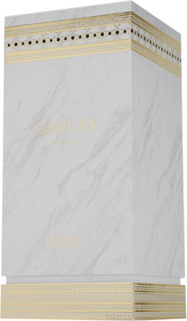Białe marmurowe pudełko perfum Grecia PARFUM ze złotymi greckimi zdobieniami, widok pod kątem.