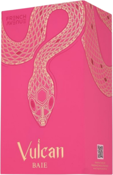 Vulcan Baie French Avenue, różowe pudełko perfum z błyszczącym złotym wężem, zapach floral fruity unisex.