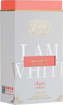 Białe pudełko perfum Lattafa Ana Abiyedh Coral z różowym paskiem, złotymi napisami, widok z przodu i z boku.