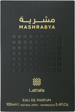 Mashrabya Lattafa Eau de Parfum, czarne pudełko z złotym napisem i geometrycznym wzorem, widok z przodu.