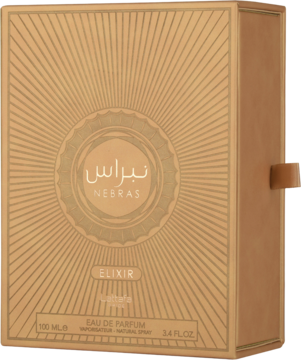 Lattafa Pride Nebras Elixir, złote pudełko perfum z wytłaczanym słońcem i logo, widok z przodu pod kątem.