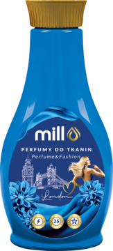 MILL Perfume&Fashion LONDON perfumy do tkanin w niebieskiej butelce z złotą nakrętką, widok z przodu.