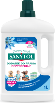 SANYTOL 1L, biały płyn dezynfekujący do prania z zieloną nakrętką, usuwający bakterie i zapachy, widok z przodu.