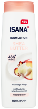 Biała butelka balsamu Isana Bodylotion Shea Butter NEU, widok z przodu, różowa nakrętka, na suchą skórę.