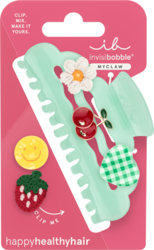 Invisibobble MYCLAW, miętowa klamra do włosów z kwiatkiem, wisienkami i szachownicą. Dołączone: truskawka i buźka emoji.