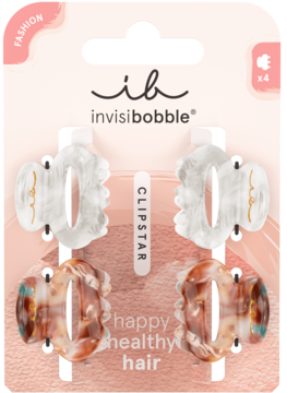 Cztery spinki Invisibobble Clipstar, dwie marmurkowe białe i dwie bursztynowe, w opakowaniu, widok z przodu.
