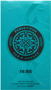 Paris Corner Perseviron Fig Hug Eau de Parfum, turkusowe opakowanie z okrągłym logo, widok z przodu.