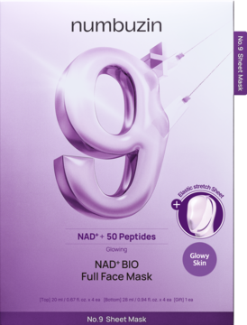 numbuzin No.9 maska w fioletowym opakowaniu z metaliczną cyfrą 9, opisem "NAD+ 50 Peptides" i "Glowing".