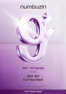 Numbuzin No.9 Sheet Mask, fioletowe opakowanie z metaliczną cyfrą 9, podkreśla NAD+ 50 Peptides. Widok z przodu.