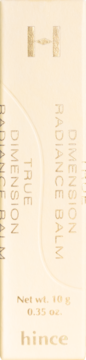 Hince True Dimension Radiance Balm, light beige rectangular packaging box with gold text and 10g weight, front view.