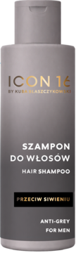 Szampon przeciw siwieniu ICON 16 for men w szarej butelce, widok z przodu, złote logo.