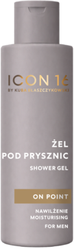 ICON 16 On Point nawilżający żel pod prysznic dla mężczyzn w szarej butelce ze złotymi napisami, widok frontalny.