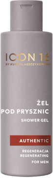 Szary żel pod prysznic ICON 16 Authentic, regenerujący, dla mężczyzn, z przodu, złote logo.