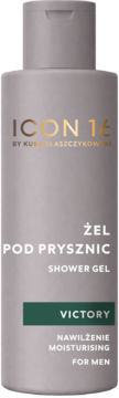 ICON 16 Victory nawilżający żel pod prysznic dla mężczyzn, szara butelka, złote logo, widok z przodu.