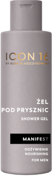 Żel pod prysznic ICON16 Manifest dla mężczyzn, odżywczy, w matowej, szarobeżowej butelce, widok z przodu.