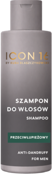 Szampon przeciwłupieżowy ICON 16 by Kuba Błaszczykowski w szarej butelce, widok z przodu.