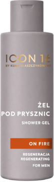 Szary żel pod prysznic ICON 16 On Fire Regeneracja dla mężczyzn by Kuba Błaszczykowski, z pomarańczowym paskiem, widok z przodu.