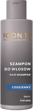 Nawilżający szampon ICON 16 dla mężczyzn, szara butelka z niebieskim detalem, widok z przodu.