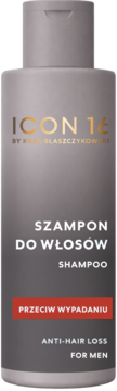 Szampon ICON 16 dla mężczyzn przeciw wypadaniu włosów w szarej butelce, złote logo, widok z przodu.