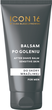 Męski balsam po goleniu ICON 16 do skóry wrażliwej, szara tuba z biało-złotymi napisami, widok z przodu.