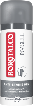 Biało-szary antyperspirant Borotalco Invisible Anti-Stains Dry w sprayu, widok z przodu, ochrona 48h.