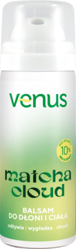 Biała butelka balsamu Venus Matcha Cloud do dłoni i ciała, zielona etykieta, widok z przodu.