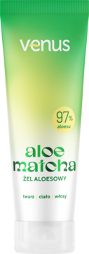 Tubka żelu Venus Aloe Matcha w odcieniach zieleni, z 97% aloesu, do twarzy, ciała i włosów. Widok z przodu.