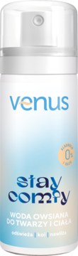 Venus Stay Comfy woda owsiana do twarzy i ciała, biała butelka z atomizerem, z przodu, 0% alkoholu.