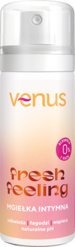 Biała mgiełka intymna Venus Fresh Feeling, wspierająca naturalne pH, z pomarańczowym logo, widok z przodu.