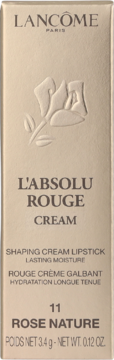 Złote pudełko pomadki Lancôme L'Absolu Rouge Cream 11 Rose Nature, z wytłoczonym logo róży, widok z przodu.