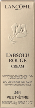 Przednie ujęcie beżowego pudełka szminki Lancôme L'Absolu Rouge Cream 264 Peut-Être z wytłoczonym logo róży.