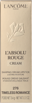 Złote opakowanie kremowej pomadki Lancôme L'Absolu Rouge 276 Timeless Romance, z wytłoczoną różą.