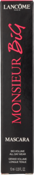 Czarne, pionowe pudełko tuszu Lancôme Monsieur Big Mascara z dużym różowym napisem, widok z przodu.