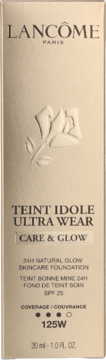 Lancôme Teint Idole Ultra Wear Care & Glow foundation 125W, złote pudełko z tłoczonym logo róży, widok z przodu.
