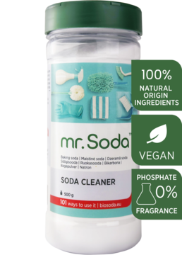 Mr. Soda Soda Cleaner w białym cylindrycznym pojemniku z zieloną zakrętką, widok z przodu. Etykieta informuje o 100% naturalnym składzie i byciu wegańskim.