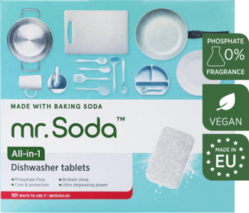 Opakowanie Mr. Soda All-in-1 tabletek do zmywarki z sodą oczyszczoną, ilustracja naczyń, bez fosforanów, wegańskie.