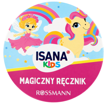 Okrągła etykieta Isana Kids Magiczny Ręcznik: bajkowa wróżka i jednorożec na tle tęczy, chmur. Loga Rossmann.