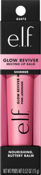 Różowy, odżywczy balsam do ust elf Glow Reviver Melting Lip Balm Pink Lemonade Shimmer w czarno-różowym opakowaniu. Widok z przodu.